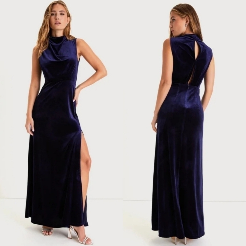 Lulus Classic Elegance Navy Velvet Sleeveless Mock Neck Maxi Dress Wedding